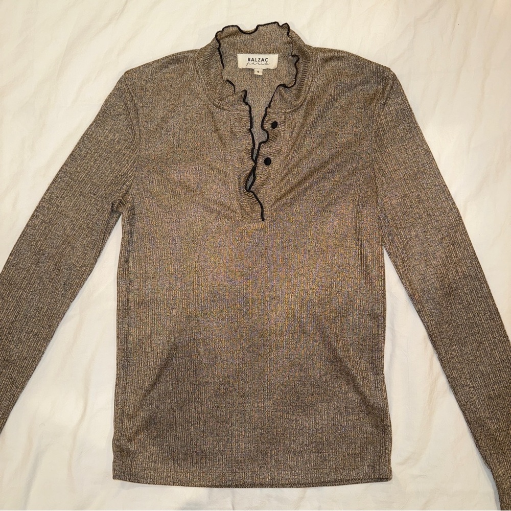 Gold Metallic Lurex Rugffle Neck Blouse Size S
